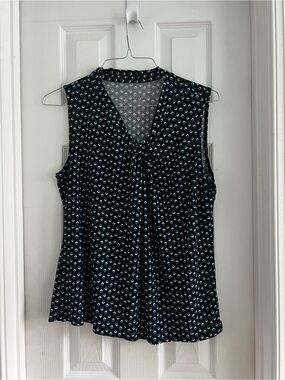 Talbot’s Sleeveless V-Neck Blouse - Black with Teal and White Diamond Print